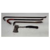 Tools, three crowbars and hatchet