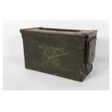 Metal ammunition box, shows wear, 12" × 6" × 7"