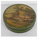 Round tin full of sewing supplies, includes