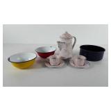 Enamelware, includes three bowls, teapot, and two