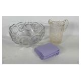 Glassware, 11" punch bowl, 8" tall glass pitcher,