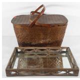 Mirrored serving tray and picnic basket, tray is