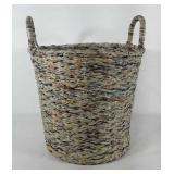 Rolled newspaper woven basket, 17.5" x 18.5"
