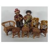 Dolls, includes wicker doll furniture, two dolls,
