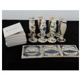 Nine Tile coasters and eight petite point salt