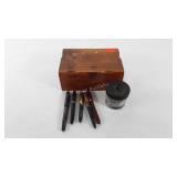 Wooden box with ink well pens and Sengbusch
