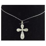 Sterling silver cross necklace 18in gray crystal