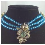 Blue glass white Austrian crystal dragon necklace