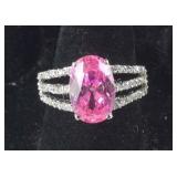 Size 7 pink gemstone CZ ring silvertone