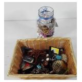 Jewelry, jar of necklaces, earrings, and pins,