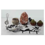 Home decor, includes Himalayan salt lamp, candle