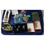 Assorted jewelry, rings, brooches, necklace, and