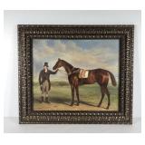 Race horse painting on canvas, signed, framed,