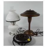 Mixed group, includes hobnail milk glass lamp,