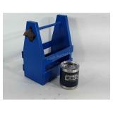 Wooden caddy with bottle opener and Marcus and