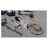 Long handle tools: old plow, shovels,  rakes,