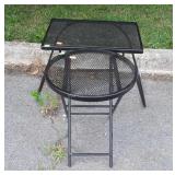 Two Outdoor side tables, black wire mesh tops,