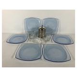 Glassware, blue glass dinner plates, clear