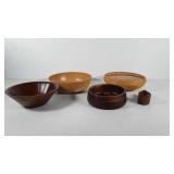 Wooden bowls and wicker bowl, includes Ozark