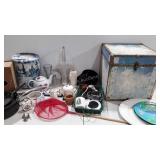 Home goods, glass vases, butterfly net, pans,