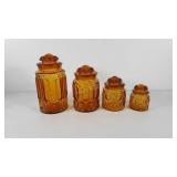Glassware, amber canister set, 5"-11", lids all