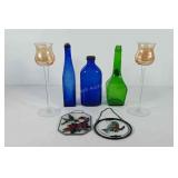 Glassware, includes two cobalt blue bottles,