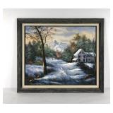 Winter country scene painting on canvas, signed