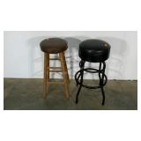 Two vinyl stools, wood base stool measures 30",
