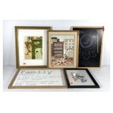 Wall art group, five framed pictures, chalkboard