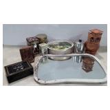 Tins, early mirror, 27x18, cash box, bookends,