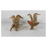 Two brass fighting cocks