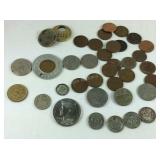 Coins, foreign and US, wheat pennies, Kennedy