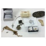 Misc jewelry, lapel pins, belt buckle, and empty