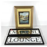 Wall art, mirrored signs, 26x8 and framed