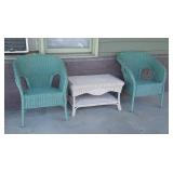 3pc Wicker Outdoor Furniture Set, 2 chairs green