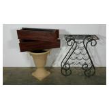 Metal wine rack, 3 planters-resin urn and 2