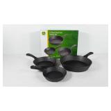 John Deere 3 piece cast iron skillet set with box