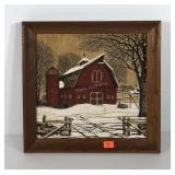 Barn print on linen fabric, framed 17x16