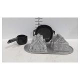 Nordic ware cake mold, cast iron pan and