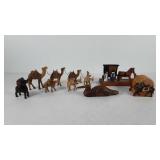 Wooden decor, includes camel figurines, donkey