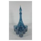 Glassware, blue etched decanter and tumbler set,