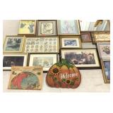 Wall art group, fifteen framed pictures, mirror