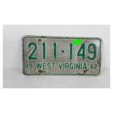 West Virginia license plate, 1962