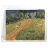 Barn painting on canvas, signed J Bauer, 20x16