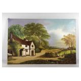 Farm scene oil painting on canvas, signed M.