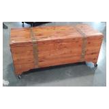 Solid Cedar Blanket Chest, top left corner of lid