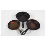 Cast iron 6" skillet, 6 5/8" number 3 and 8"