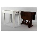 Two small end tables, one drop leaf, 12" × 18" ×