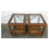 Pair of end tables, woven detail, beveled glass