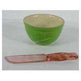 Kitchenwares, hall mixing bowl and pink glass